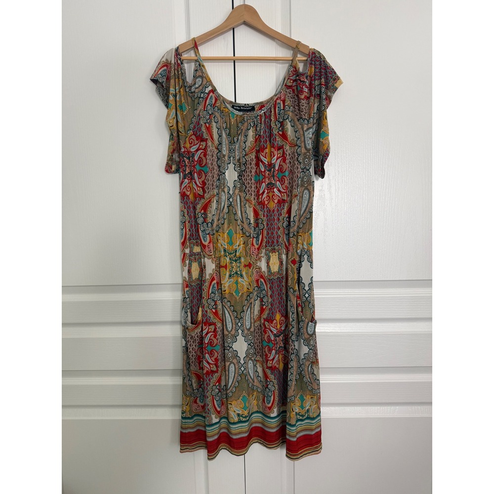 Mlle Gabrielle 2X Paisley Cold Shoulder Pocket Dress Red Teal Boho Summer